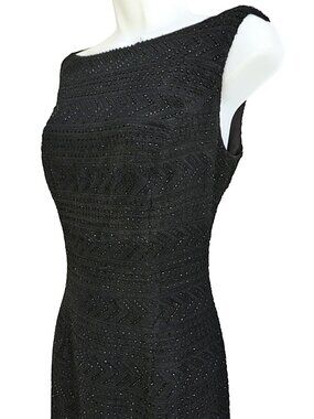 Carmen Marc Valvo Metallic Black Heavily Beaded Gown Bateau Neck Back Zip Lined